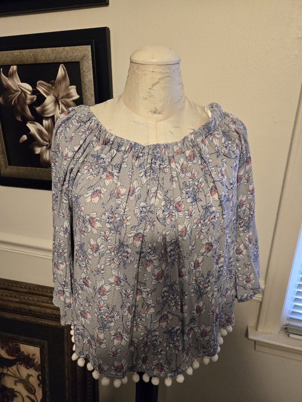 NWT Current + Project Floral Off Shoulder Pom Pom Blouse Women's Medium Boho Top